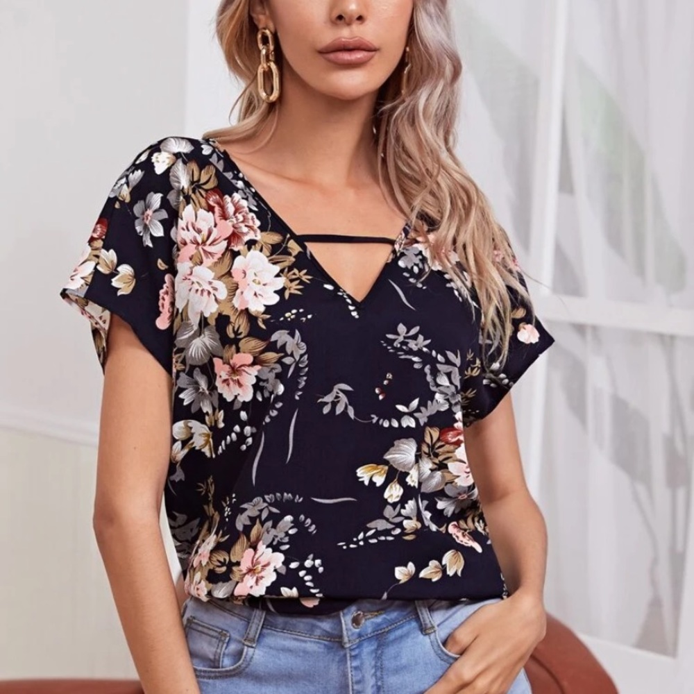 Shein V-Neck Batwing Sleeve Floral Print Top
